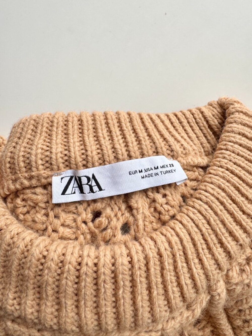 ZARA Tan Acrylic Wool Crochet Pointelle Knit Puff Sleeve Sweater, Size M - Picture 13 of 14